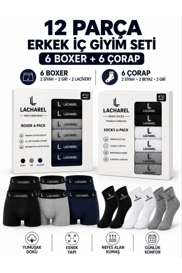 Erkek 12'li İç Giyim Seti Pamuklu 6 Boxer 6 Çorap Çoklu Paket - Siyah - Lacivert - Gri - Beyaz