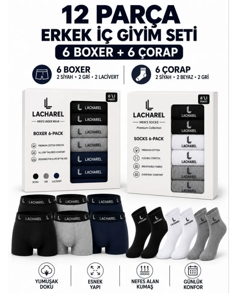 Erkek 12'li İç Giyim Seti Pamuklu 6 Boxer 6 Çorap Çoklu Paket - Siyah - Lacivert - Gri - Beyaz