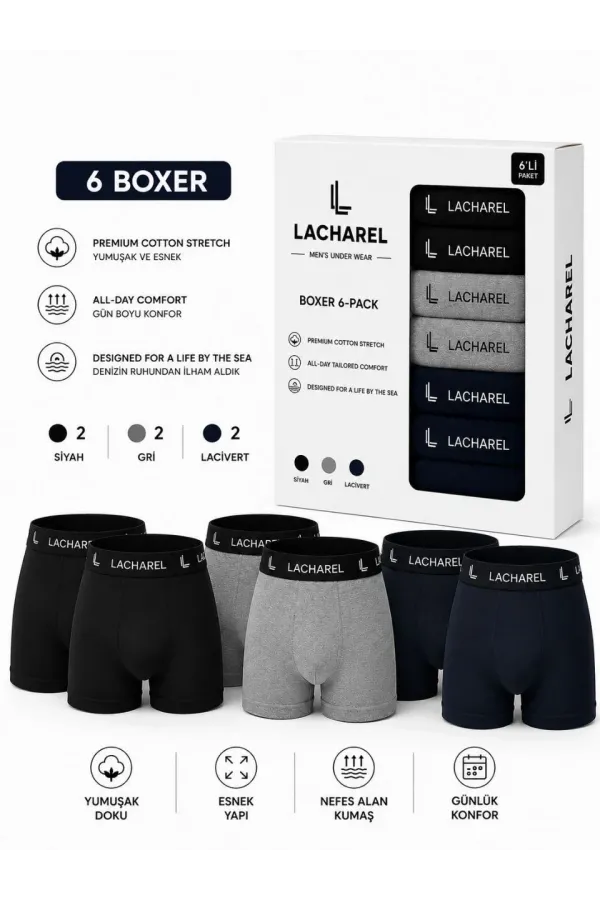 Erkek 12'li İç Giyim Seti Pamuklu 6 Boxer 6 Çorap Çoklu Paket - Siyah - Lacivert - Gri - Beyaz