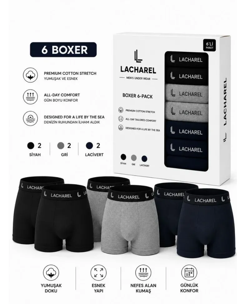 Erkek 12'li İç Giyim Seti Pamuklu 6 Boxer 6 Çorap Çoklu Paket - Siyah - Lacivert - Gri - Beyaz