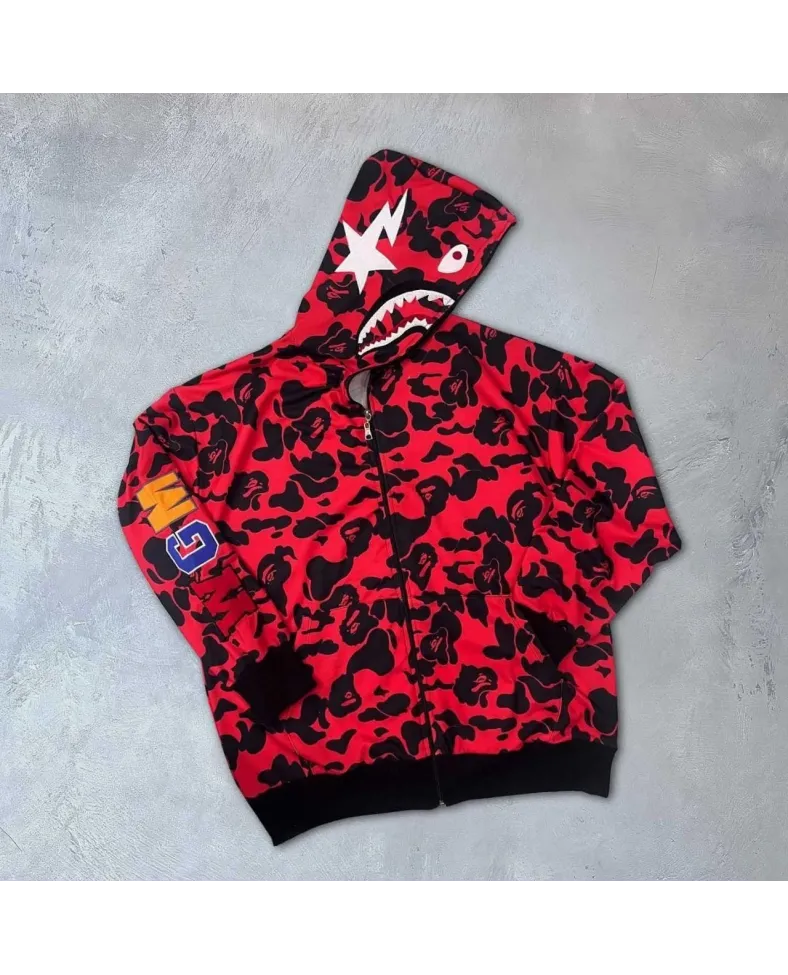 Erkek 2 İplik Bape Kapüşonu Fermuarlı Hırka - Kırmızı