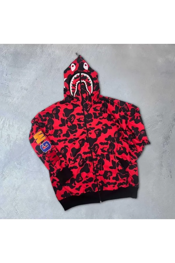 Erkek 2 İplik Bape Kapüşonu Fermuarlı Hırka - Kırmızı