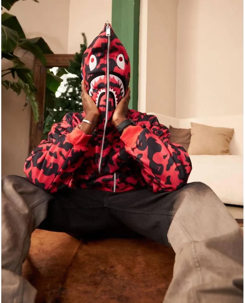 Erkek 2 İplik Bape Kapüşonu Fermuarlı Hırka - Kırmızı