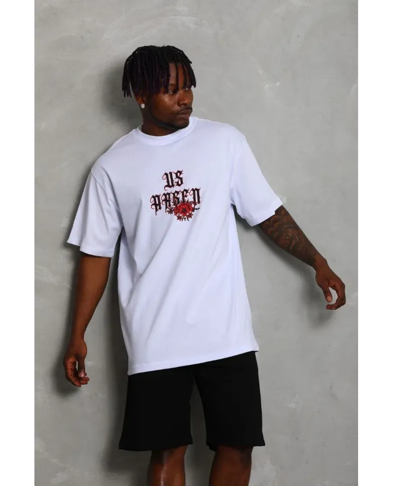 Erkek Oversize Baskılı Bisiklet Yaka T-Shirt - Beyaz