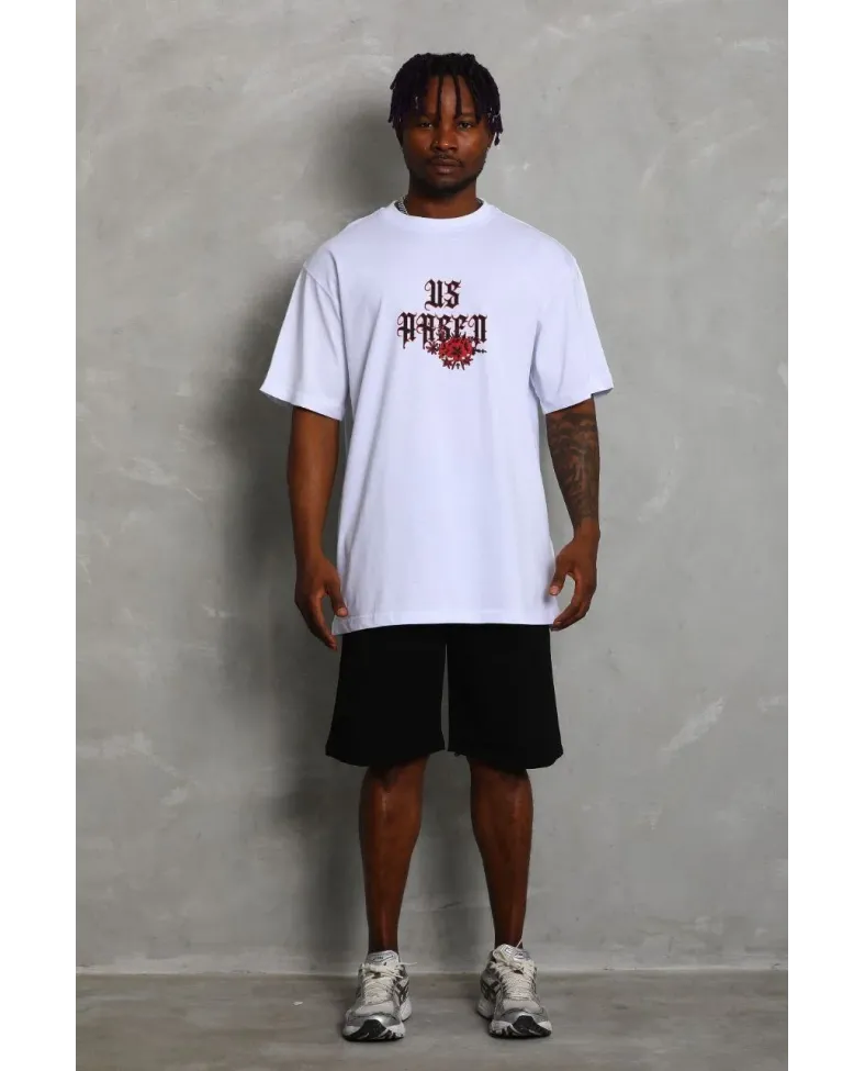 Erkek Oversize Baskılı Bisiklet Yaka T-Shirt - Beyaz