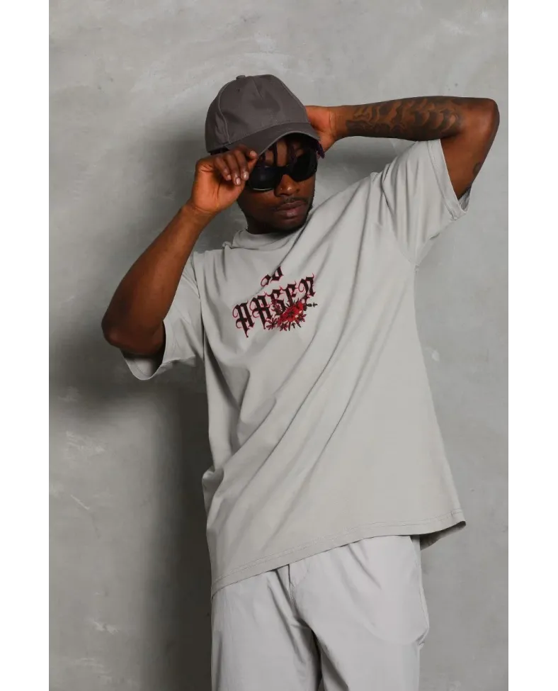 Erkek Kısa Kol Yazlık Tişört Bisiklet Yaka Baskılı Oversize T-Shirt - Gri