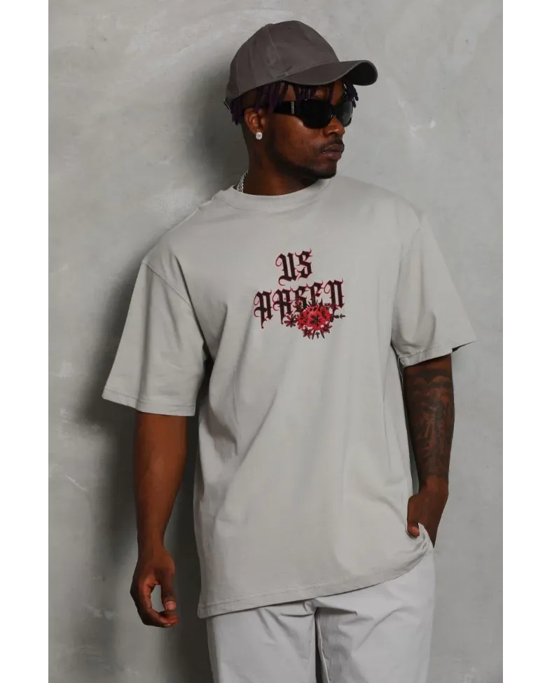 Erkek Kısa Kol Yazlık Tişört Bisiklet Yaka Baskılı Oversize T-Shirt - Gri