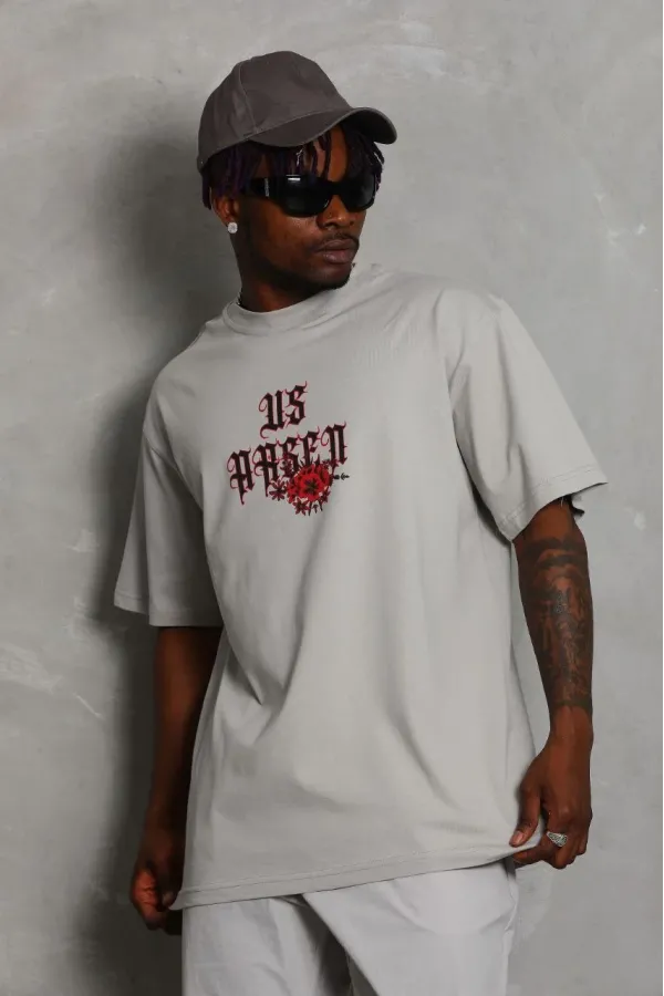 Erkek Kısa Kol Yazlık Tişört Bisiklet Yaka Baskılı Oversize T-Shirt - Gri