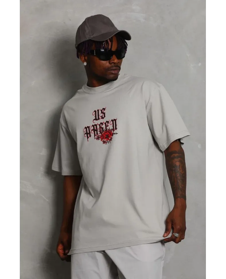 Erkek Kısa Kol Yazlık Tişört Bisiklet Yaka Baskılı Oversize T-Shirt - Gri