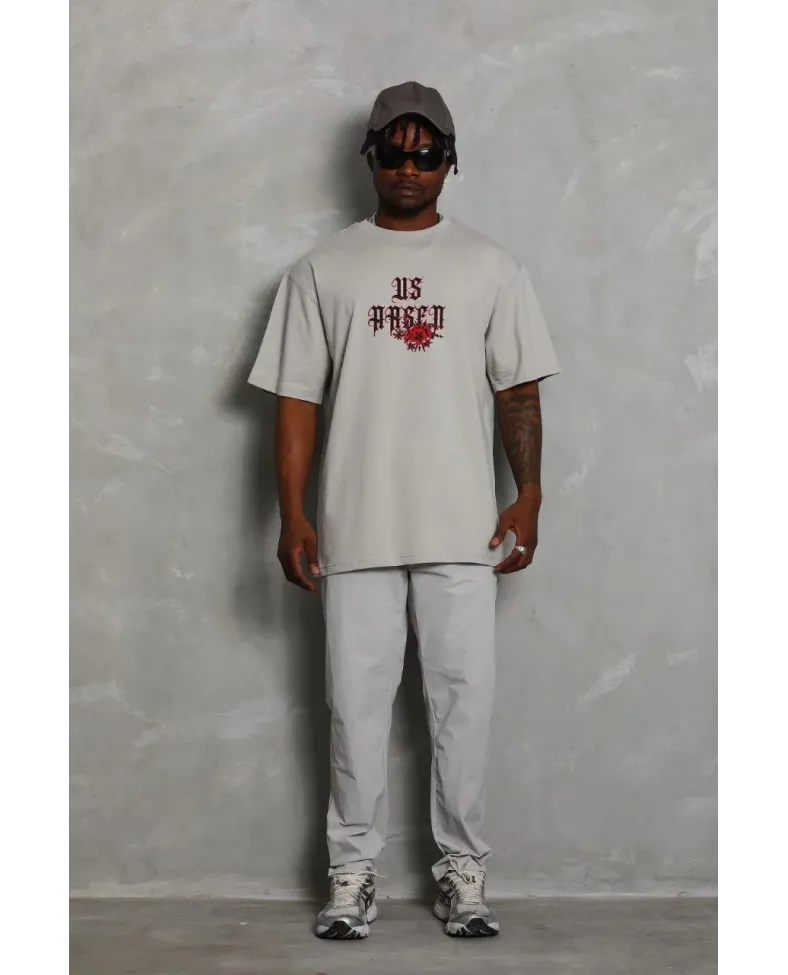 Erkek Kısa Kol Yazlık Tişört Bisiklet Yaka Baskılı Oversize T-Shirt - Gri