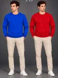 Erkek 2'Li Bisiklet Yaka İçi Şardonlu 2 İplik Düz Uzun Kollu Regular Fit Sweatshirt - Mavi & Kırmızı