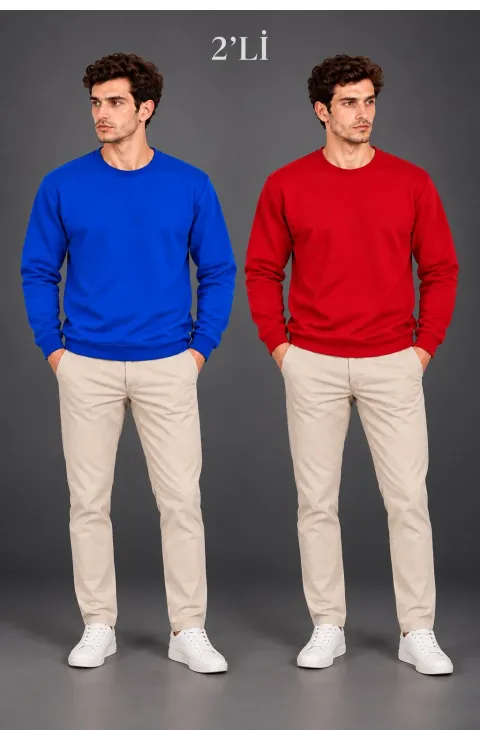 Erkek 2'Li Bisiklet Yaka İçi Şardonlu 2 İplik Düz Uzun Kollu Regular Fit Sweatshirt - Mavi & Kırmızı