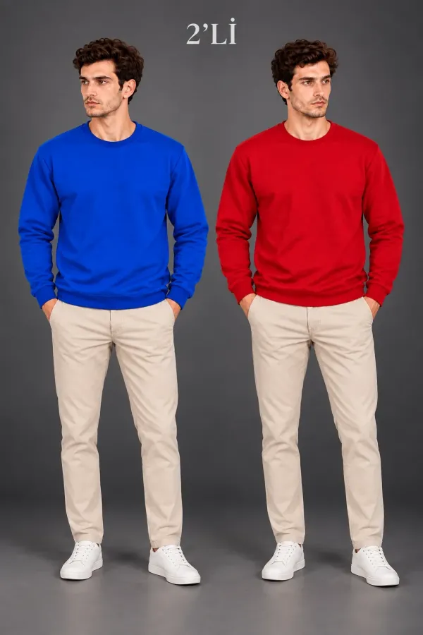 Erkek 2'Li Bisiklet Yaka İçi Şardonlu 2 İplik Düz Uzun Kollu Regular Fit Sweatshirt - Mavi & Kırmızı