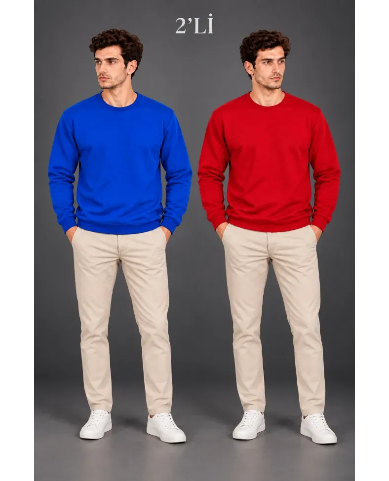 Erkek 2'Li Bisiklet Yaka İçi Şardonlu 2 İplik Düz Uzun Kollu Regular Fit Sweatshirt - Mavi & Kırmızı