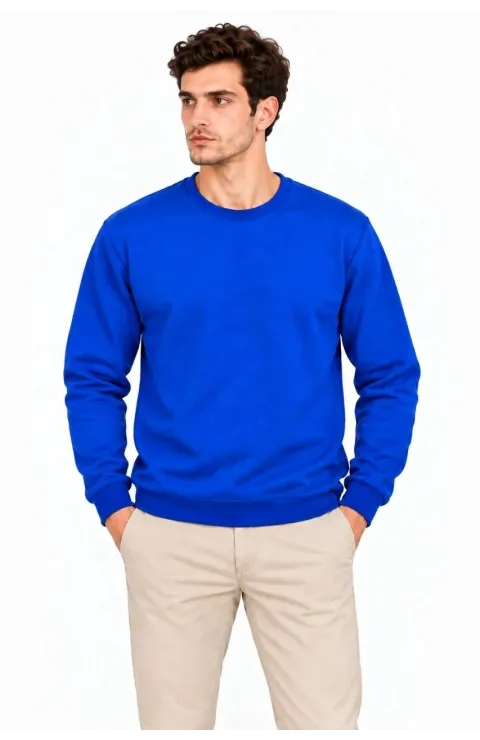 Erkek 2'Li Bisiklet Yaka İçi Şardonlu 2 İplik Düz Uzun Kollu Regular Fit Sweatshirt - Mavi & Kırmızı