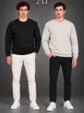 Erkek 2'Li Bisiklet Yaka İçi Şardonlu 2 İplik Düz Uzun Kollu Regular Fit Sweatshirt - Siyah & Gri