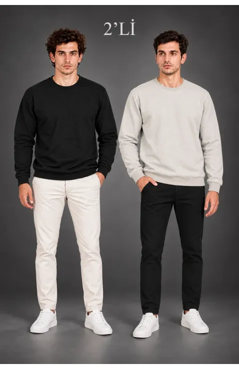 Erkek 2'Li Bisiklet Yaka İçi Şardonlu 2 İplik Düz Uzun Kollu Regular Fit Sweatshirt - Siyah & Gri