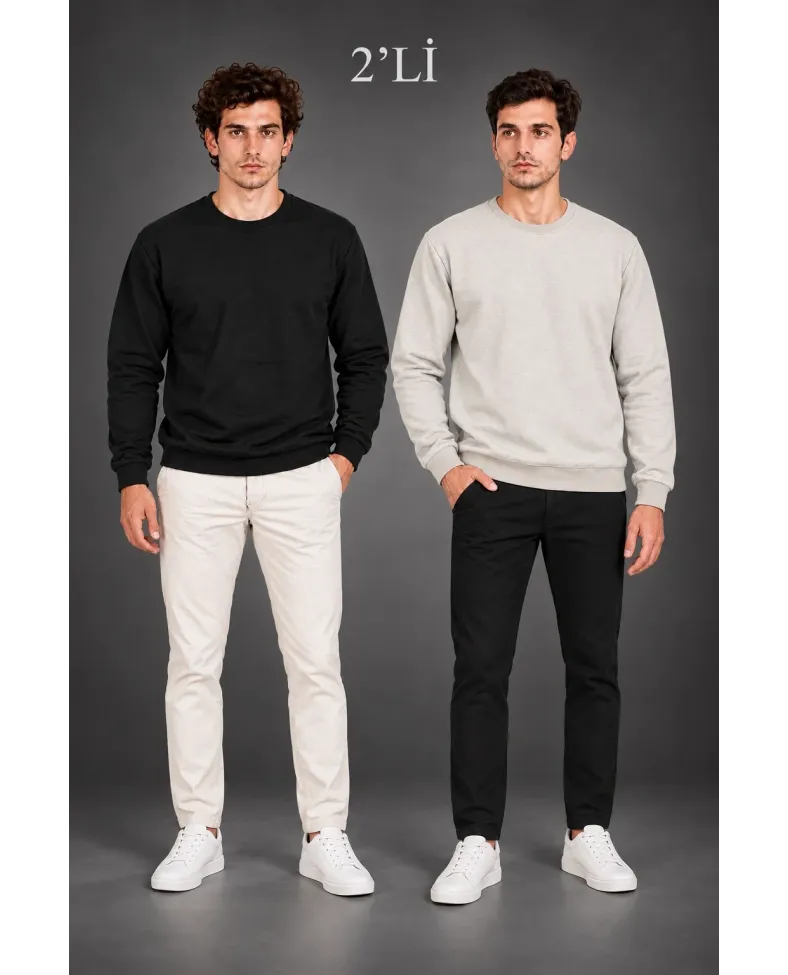 Erkek 2'Li Bisiklet Yaka İçi Şardonlu 2 İplik Düz Uzun Kollu Regular Fit Sweatshirt - Siyah & Gri