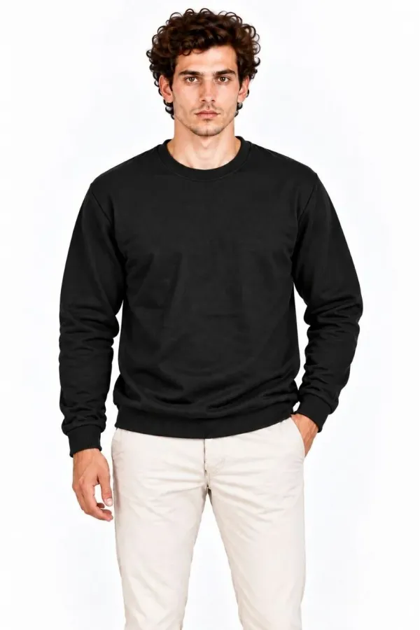 Erkek 2'Li Bisiklet Yaka İçi Şardonlu 2 İplik Düz Uzun Kollu Regular Fit Sweatshirt - Siyah & Haki