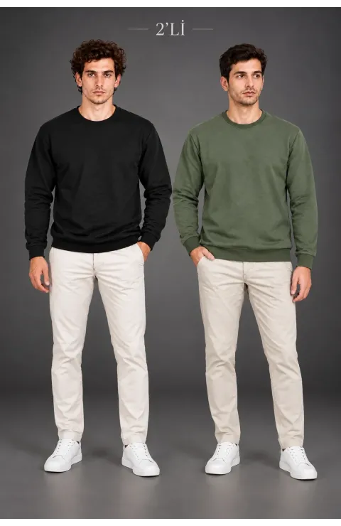 Erkek 2'Li Bisiklet Yaka İçi Şardonlu 2 İplik Düz Uzun Kollu Regular Fit Sweatshirt - Siyah & Haki
