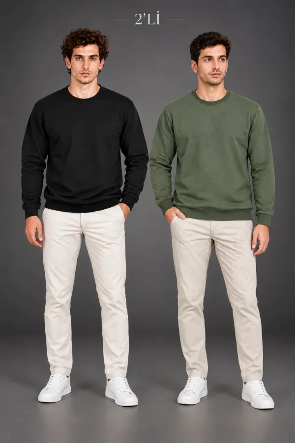 Erkek 2'Li Bisiklet Yaka İçi Şardonlu 2 İplik Düz Uzun Kollu Regular Fit Sweatshirt - Siyah & Haki