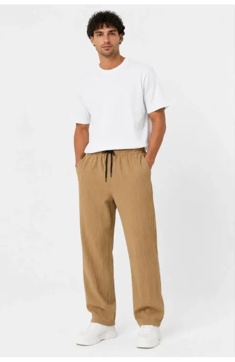 Erkek 2'li Bürümcük Kumaş Beli Lastikli Bağcıklı Bol Paça Pantolon - Beyaz/Vizon