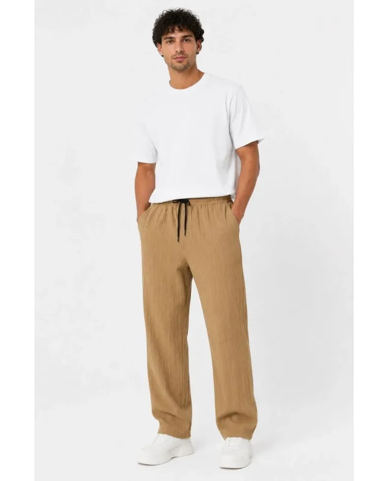 Erkek 2'li Bürümcük Kumaş Beli Lastikli Bağcıklı Bol Paça Pantolon - Beyaz/Vizon