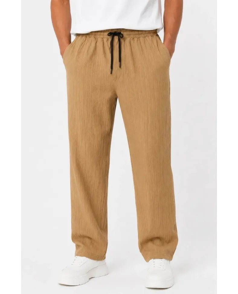 Erkek 2'li Bürümcük Kumaş Beli Lastikli Bağcıklı Bol Paça Pantolon - Beyaz/Vizon