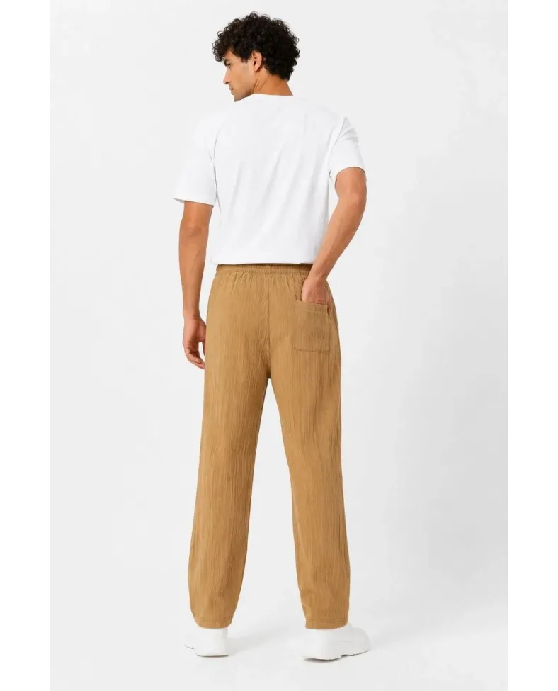 Erkek 2'li Bürümcük Kumaş Beli Lastikli Bağcıklı Bol Paça Pantolon - Beyaz/Vizon