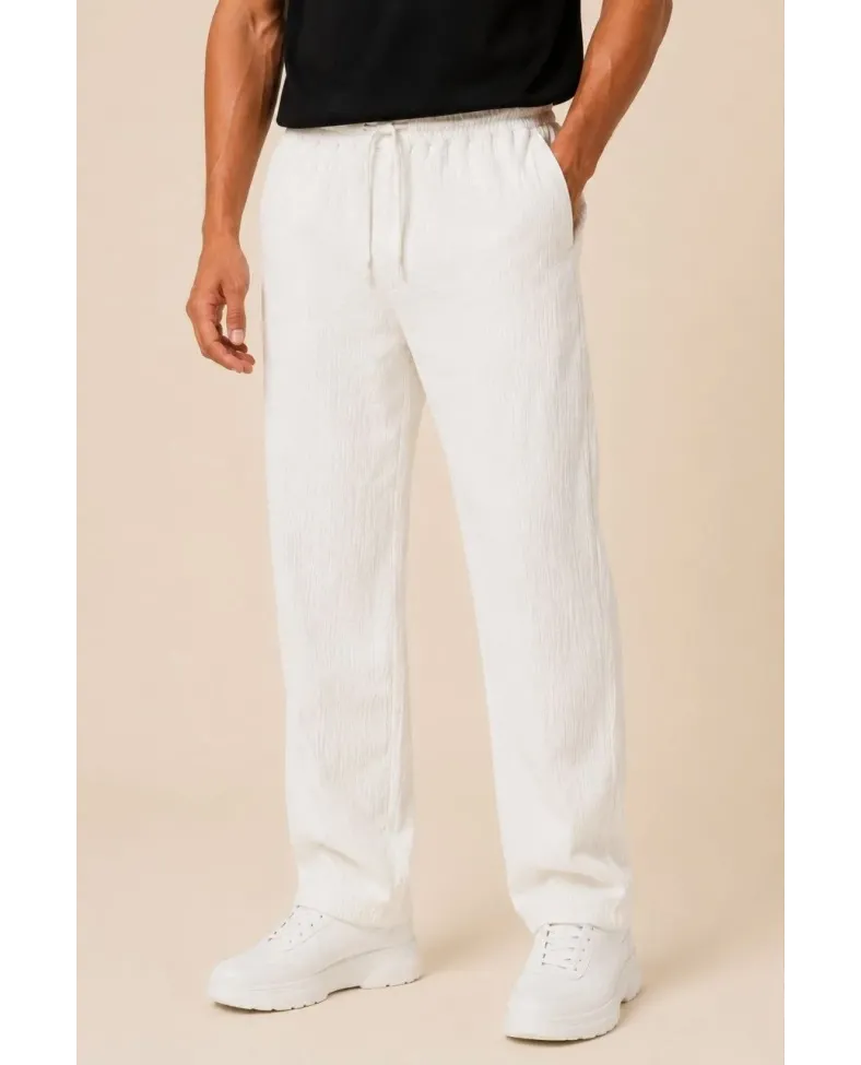 Erkek 2'li Bürümcük Kumaş Beli Lastikli Bağcıklı Bol Paça Pantolon - Beyaz/Vizon