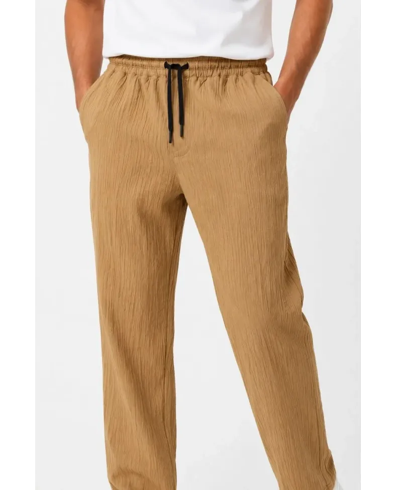 Erkek 2'li Bürümcük Kumaş Beli Lastikli Bağcıklı Bol Paça Pantolon - Beyaz/Vizon