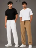 Erkek 2'li Bürümcük Kumaş Beli Lastikli Bağcıklı Bol Paça Pantolon - Beyaz/Vizon