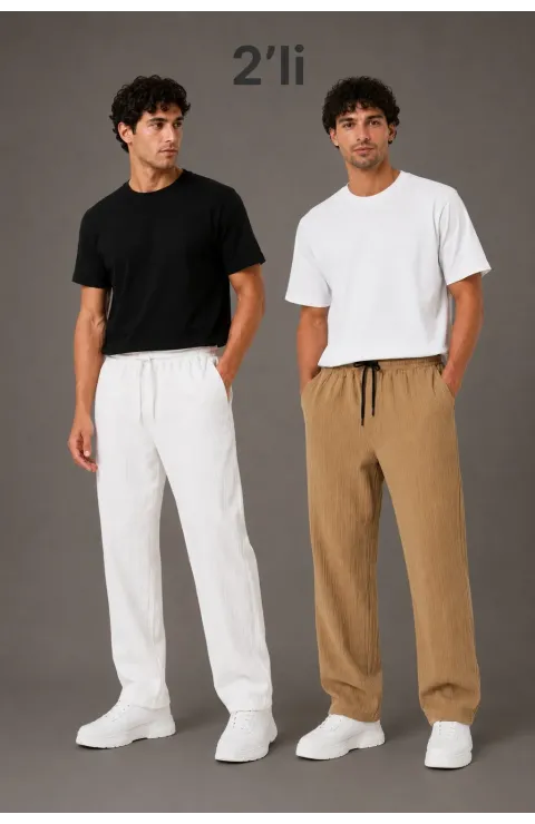 Erkek 2'li Bürümcük Kumaş Beli Lastikli Bağcıklı Bol Paça Pantolon - Beyaz/Vizon