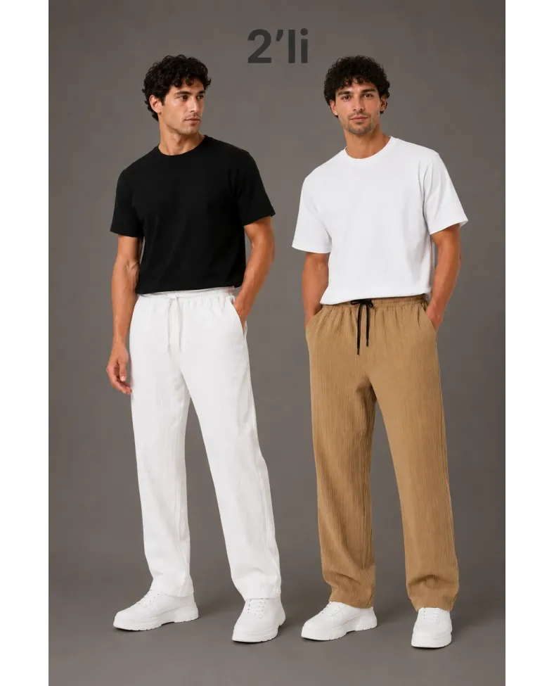 Erkek 2'li Bürümcük Kumaş Beli Lastikli Bağcıklı Bol Paça Pantolon - Beyaz/Vizon