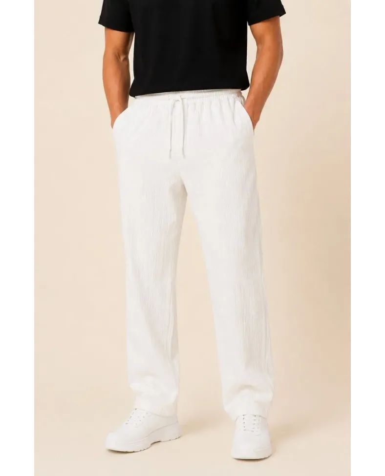 Erkek 2'li Bürümcük Kumaş Beli Lastikli Bağcıklı Bol Paça Pantolon - Beyaz/Vizon