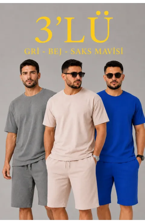Erkek 2’li Oversize Tişört Şort Takım Seti Yazlık İki İplik Kumaş - Gri, Saks Mavisi, Bej
