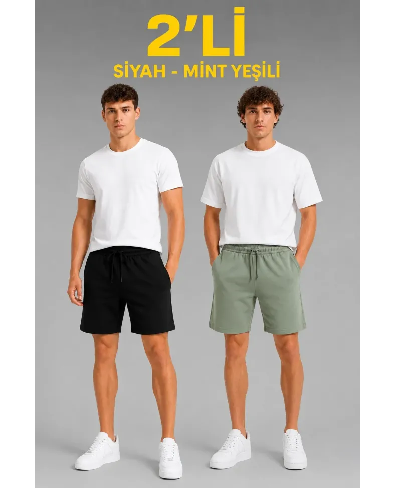 Erkek 2'li Pamuklu Şort 3 İplik Şardonsuz Yazlık Cepli Lastikli Bağcıklı - Siyah & Mint Yeşili