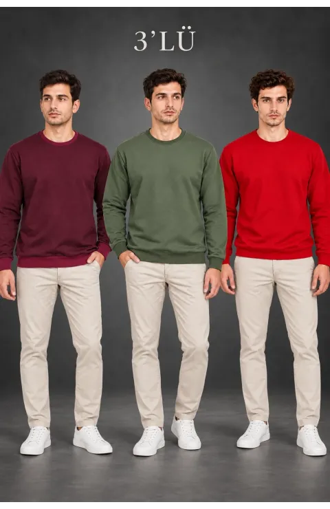 Erkek 3'Lü Bisiklet Yaka İçi Şardonlu 2 İplik Düz Uzun Kollu Regular Fit Sweatshirt -Bordo - Gri - Kırmızı