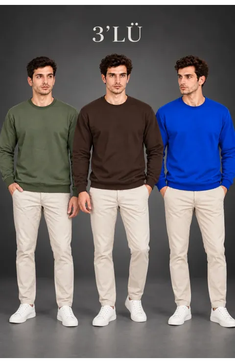 Erkek 3'Lü Bisiklet Yaka İçi Şardonlu 2 İplik Düz Uzun Kollu Regular Fit Sweatshirt - Haki - Kahverengi - Mavi