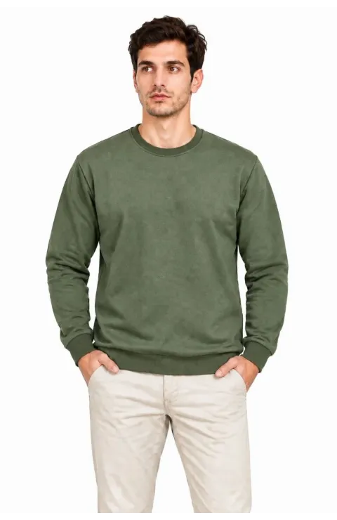 Erkek 3'Lü Bisiklet Yaka İçi Şardonlu 2 İplik Düz Uzun Kollu Regular Fit Sweatshirt - Haki - Kahverengi - Mavi