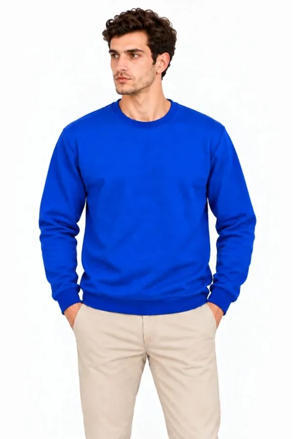 Erkek 3'Lü Bisiklet Yaka İçi Şardonlu 2 İplik Düz Uzun Kollu Regular Fit Sweatshirt -Mavi - Gri - Siyah