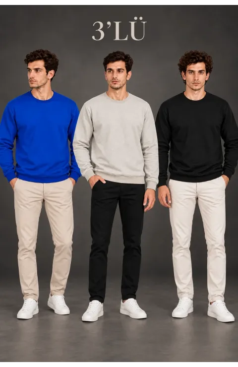 Erkek 3'Lü Bisiklet Yaka İçi Şardonlu 2 İplik Düz Uzun Kollu Regular Fit Sweatshirt -Mavi - Gri - Siyah