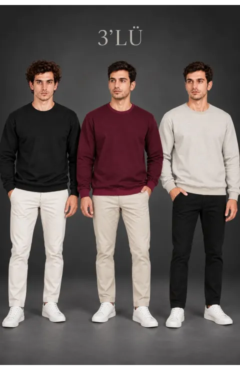 Erkek 3'Lü Bisiklet Yaka İçi Şardonlu 2 İplik Düz Uzun Kollu Regular Fit Sweatshirt - Siyah - Bordo - Gri