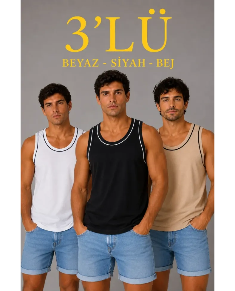 Erkek 3’lü Kolsuz Sporcu Atlet Seti Yazlık Bisiklet Yakalı - Siyah, Bej, Beyaz