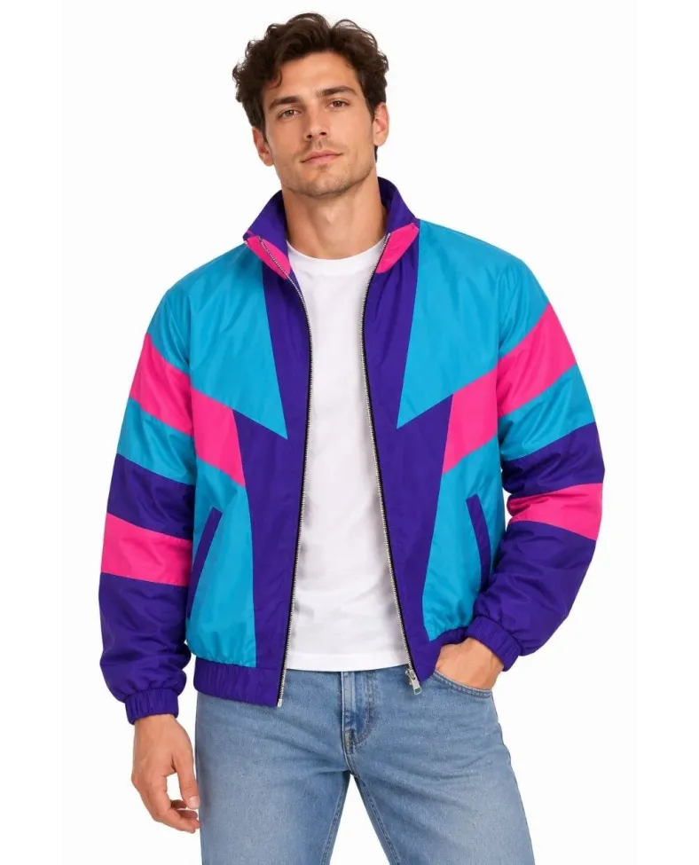 Erkek 80’ler Retro Wintage Dijital Baskılı Fermuarlı Rüzgar Kesici Mevsimlik Ceket