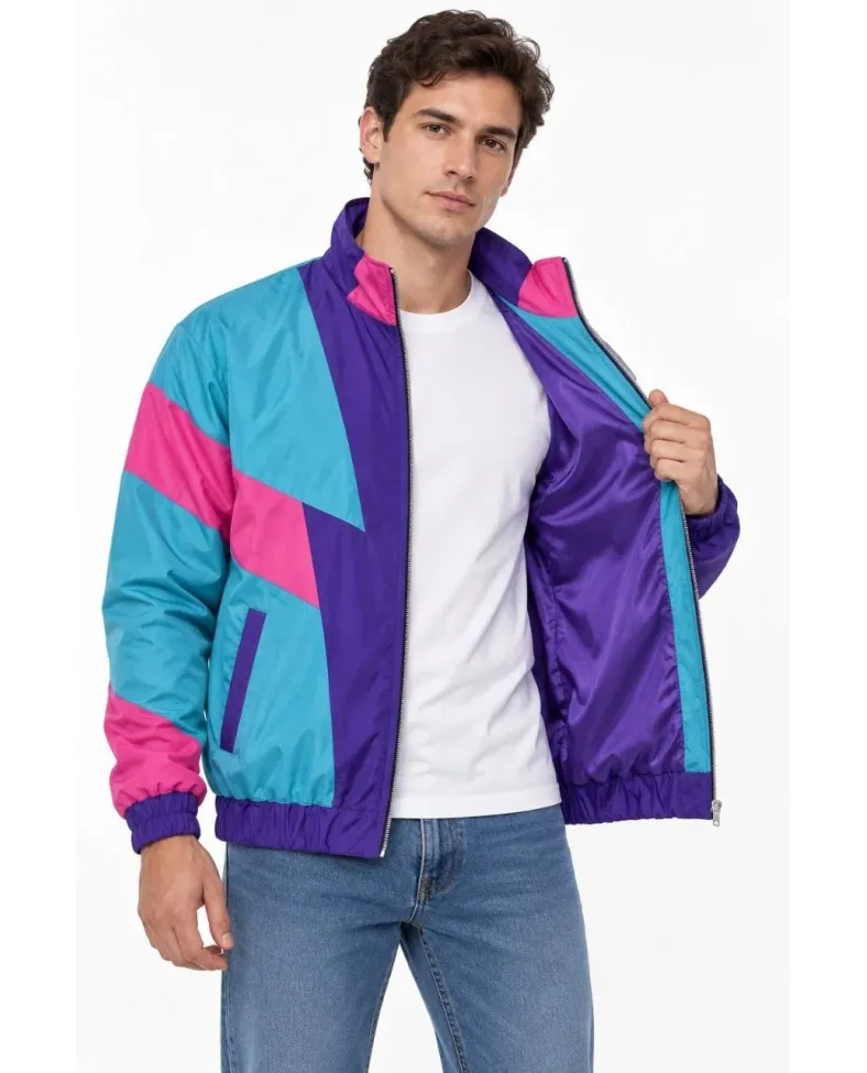 Erkek 80’ler Retro Wintage Dijital Baskılı Fermuarlı Rüzgar Kesici Mevsimlik Ceket