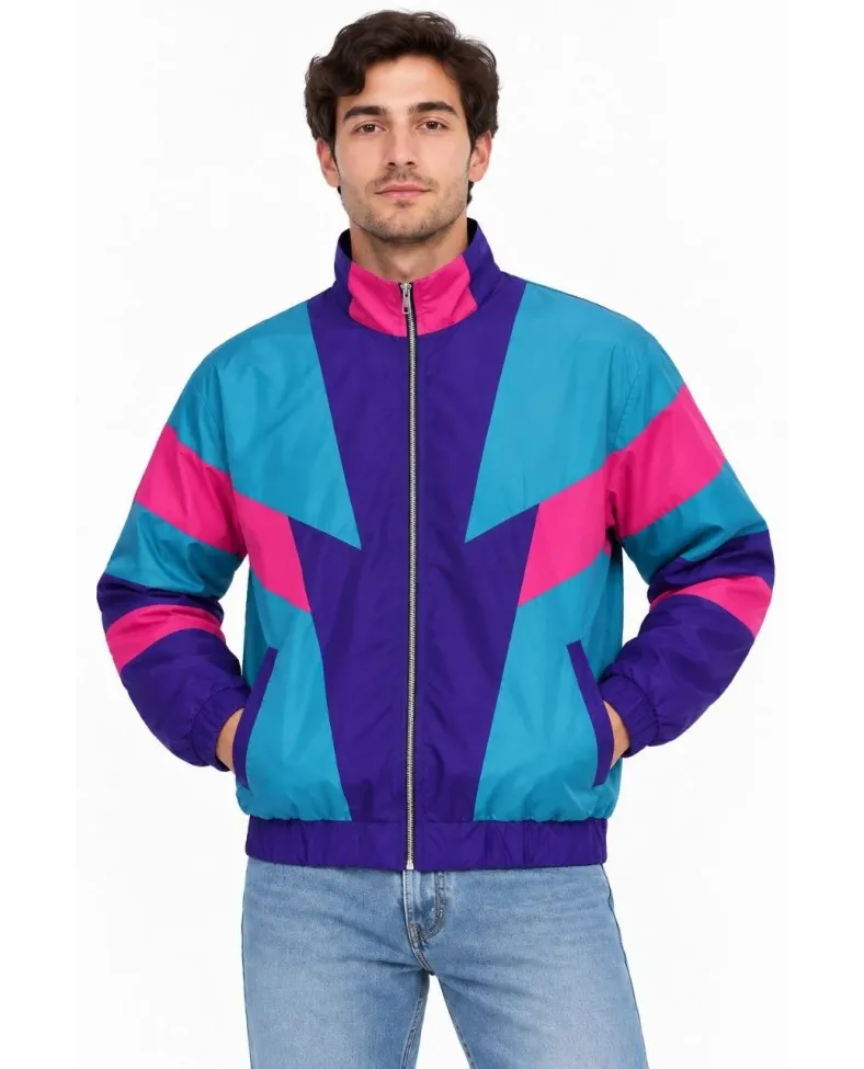 Erkek 80’ler Retro Wintage Dijital Baskılı Fermuarlı Rüzgar Kesici Mevsimlik Ceket