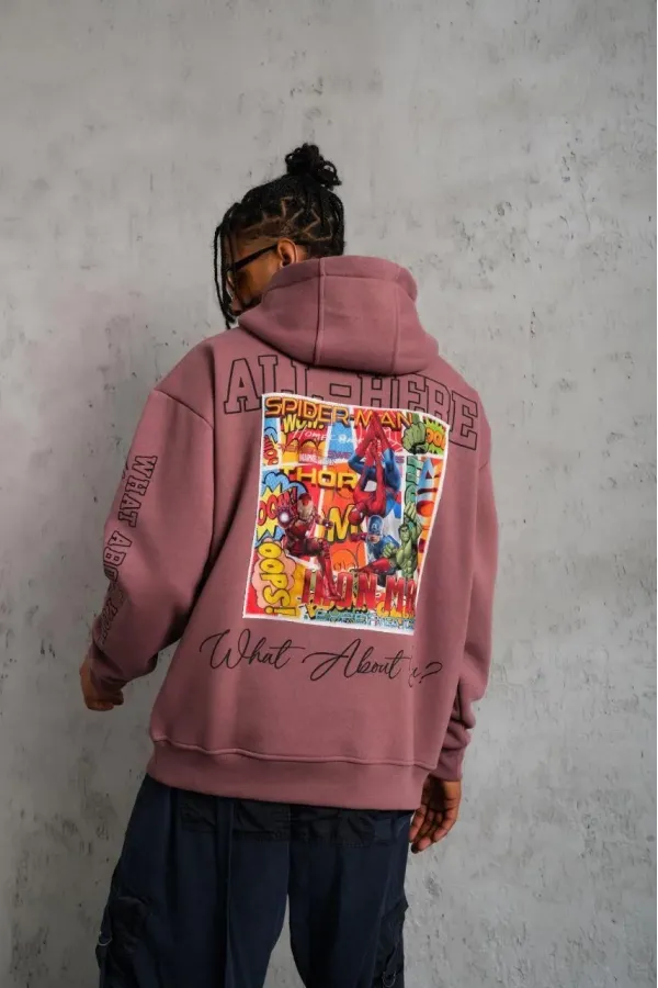 Erkek 93 Dijital Parça Baskılı Kapşonlu Sweat - Gül Kurusu