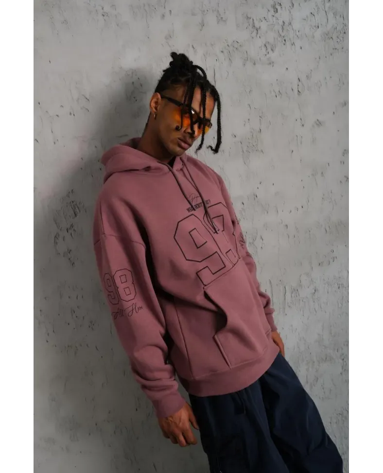 Erkek 93 Dijital Parça Baskılı Kapşonlu Sweat - Gül Kurusu