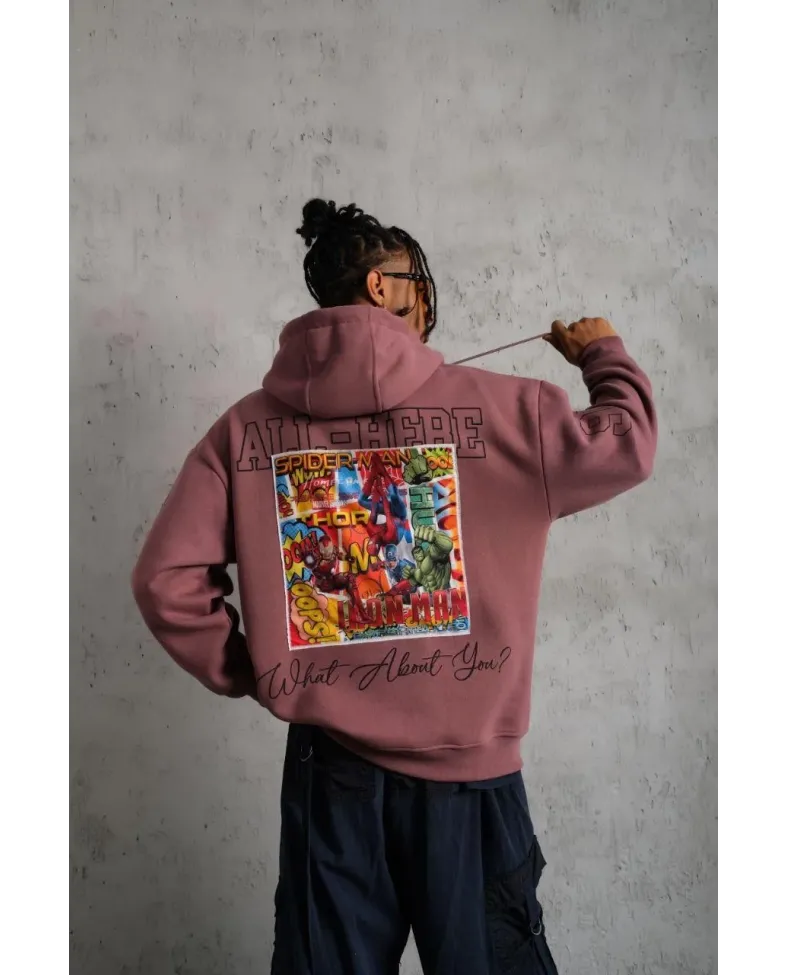 Erkek 93 Dijital Parça Baskılı Kapşonlu Sweat - Gül Kurusu